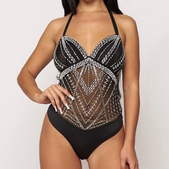 Black Rhinestone Sleeveless Halter Neck Bodysuit - Picture 5 of 14